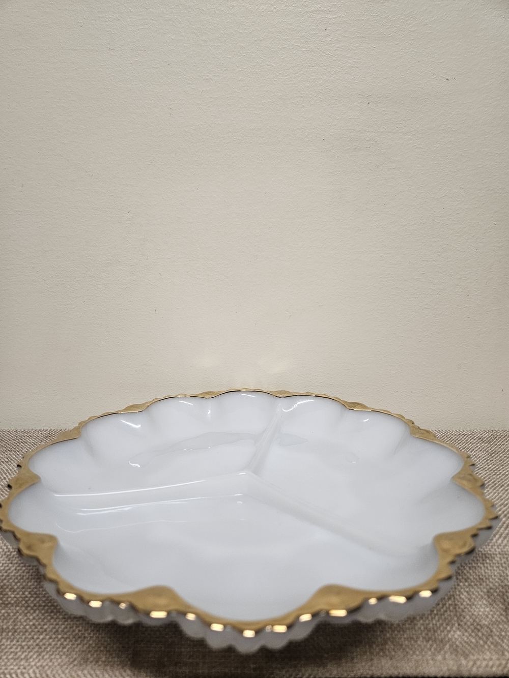 Anchor Hocking Milk Glass Divided Serving Tray with Gold Rim